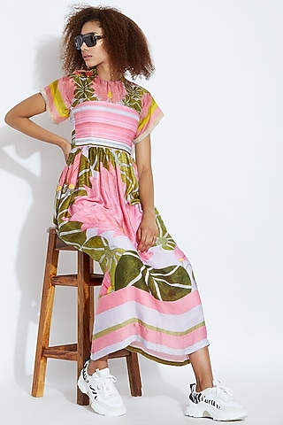 Pink & Green Printed Dress by Aartivijay Gupta