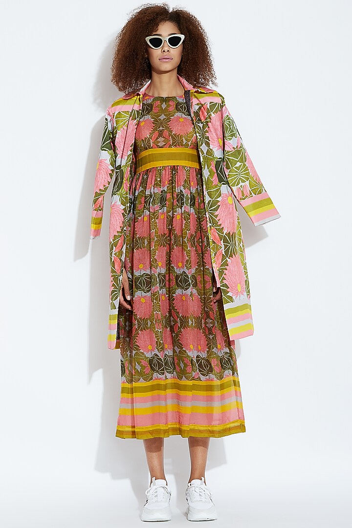 Green Lotus Printed Jacket by Aartivijay Gupta at Pernia's Pop Up Shop