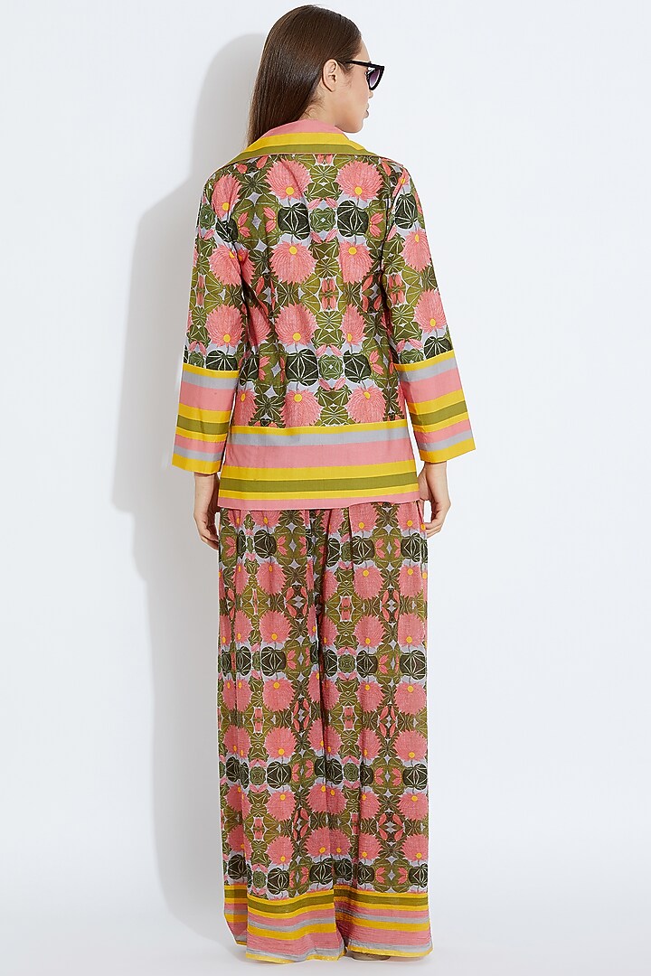 Pink & Green Lotus Printed Pants by Aartivijay Gupta at Pernia's Pop Up Shop
