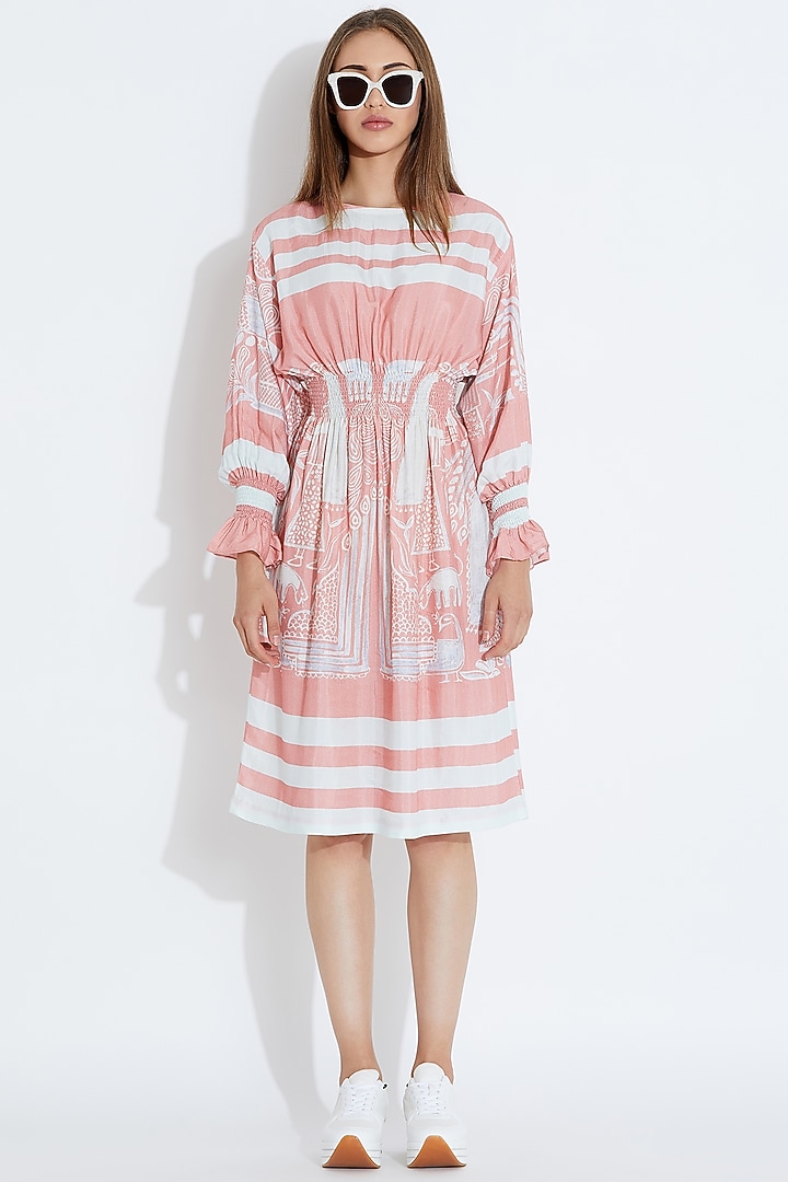 Pink & White Printed Smoked Cocktail Dress by Aartivijay Gupta at Pernia's Pop Up Shop