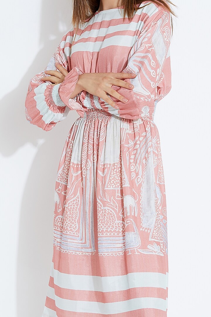 Pink & White Printed Smoked Cocktail Dress by Aartivijay Gupta at Pernia's Pop Up Shop