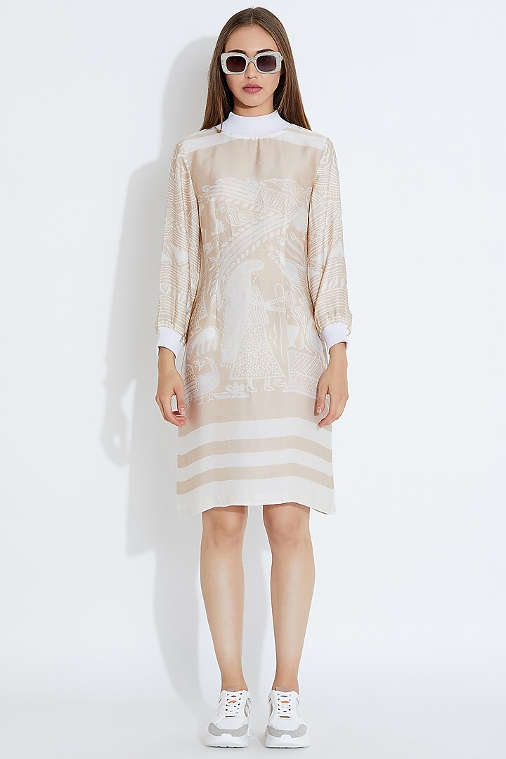 Beige & White Ribbed Cocktail Dress by Aartivijay Gupta at Pernia's Pop Up Shop