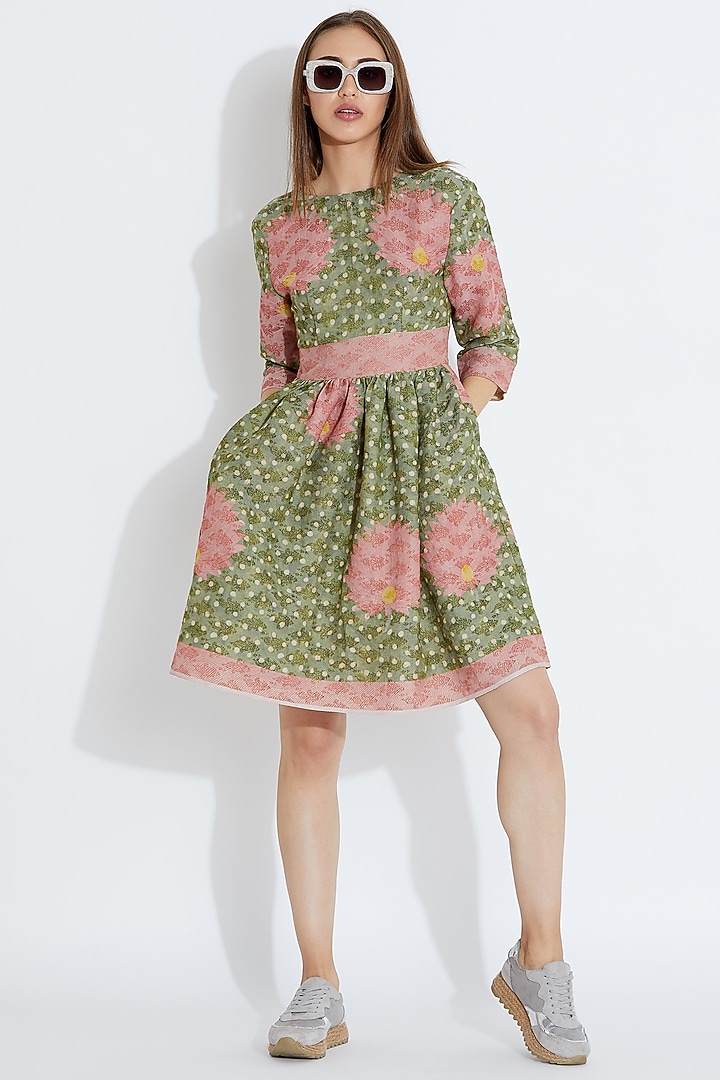 Green Floral & Polka Dots Printed Cocktail Dress by Aartivijay Gupta at Pernia's Pop Up Shop