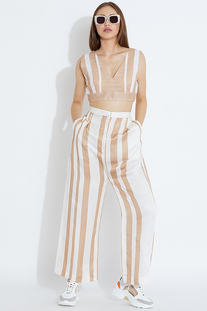 Beige & White Printed Crop Top by Aartivijay Gupta at Pernia's Pop Up Shop