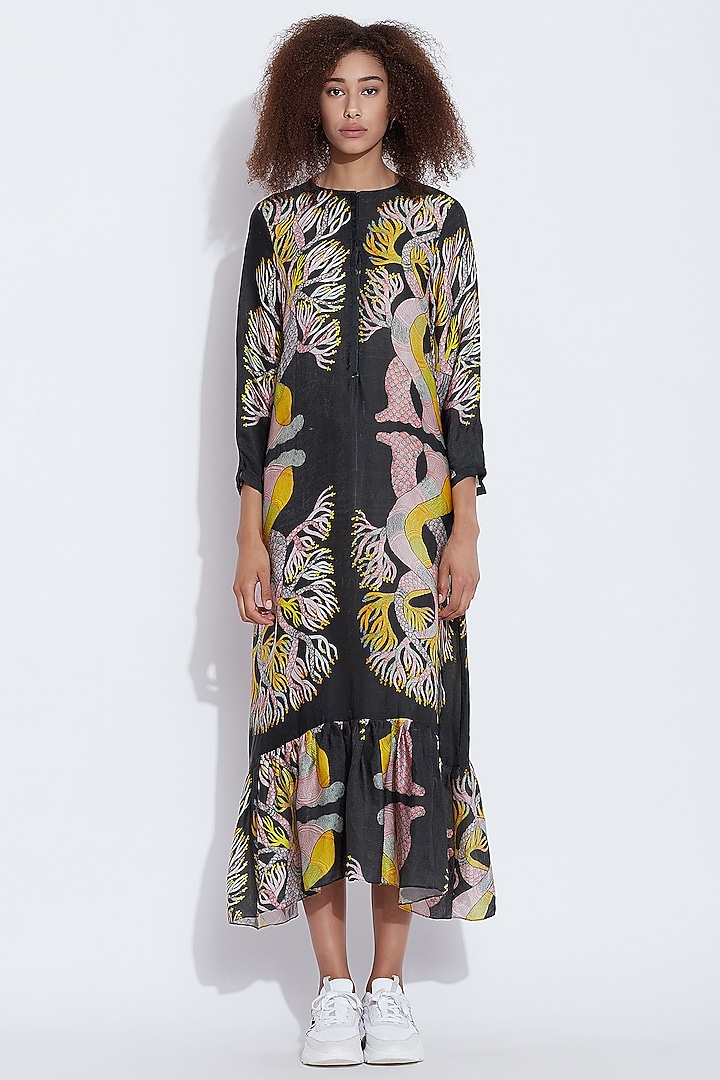 Black & Multi Colored Frill Cocktail Dress by Aartivijay Gupta at Pernia's Pop Up Shop