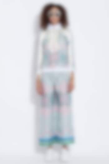 White & Blue Printed Bomber Jacket by Aartivijay Gupta at Pernia's Pop Up Shop