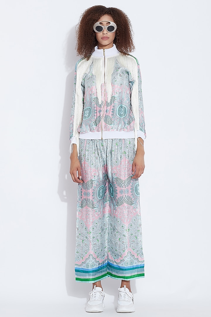 White & Blue Printed Bomber Jacket by Aartivijay Gupta at Pernia's Pop Up Shop