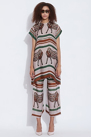 Green & Brown Printed Long Top by Aartivijay Gupta