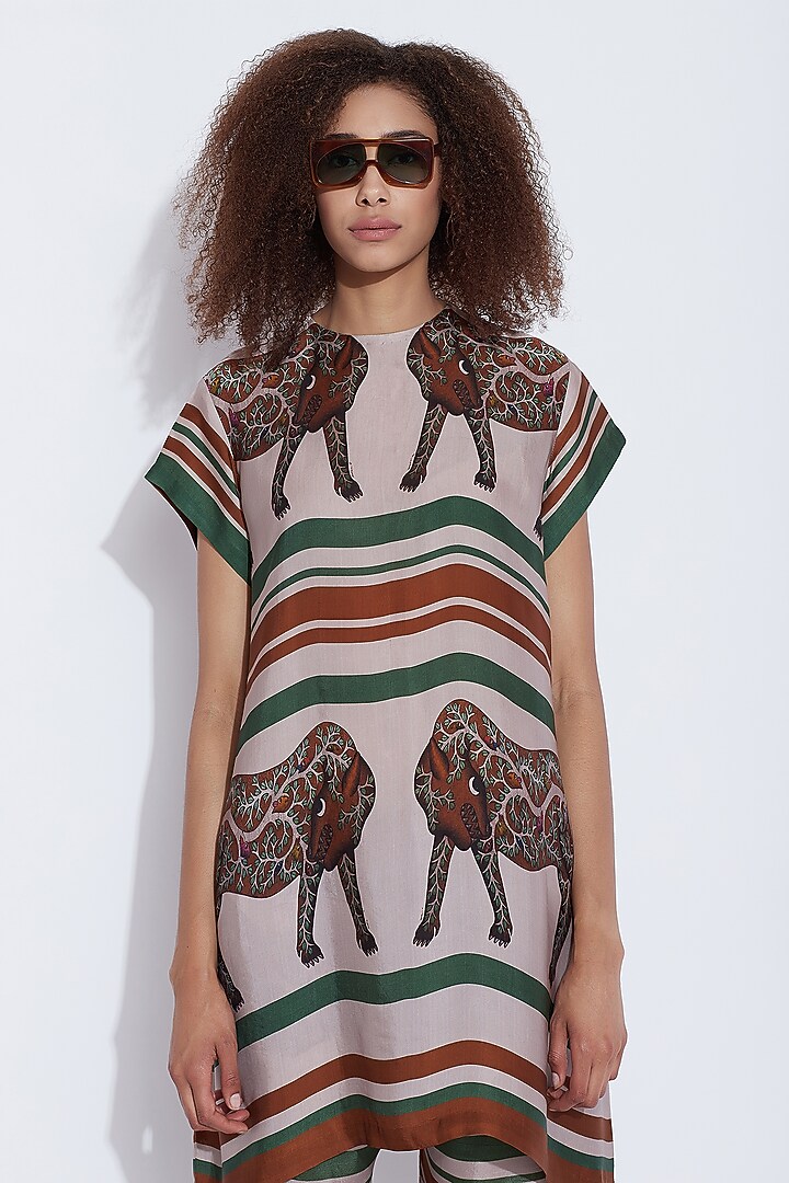 Green & Brown Printed Long Top by Aartivijay Gupta at Pernia's Pop Up Shop