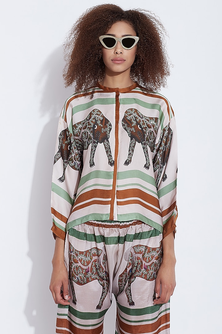 Green & Brown Lion Printed Crop Top by Aartivijay Gupta at Pernia's Pop Up Shop