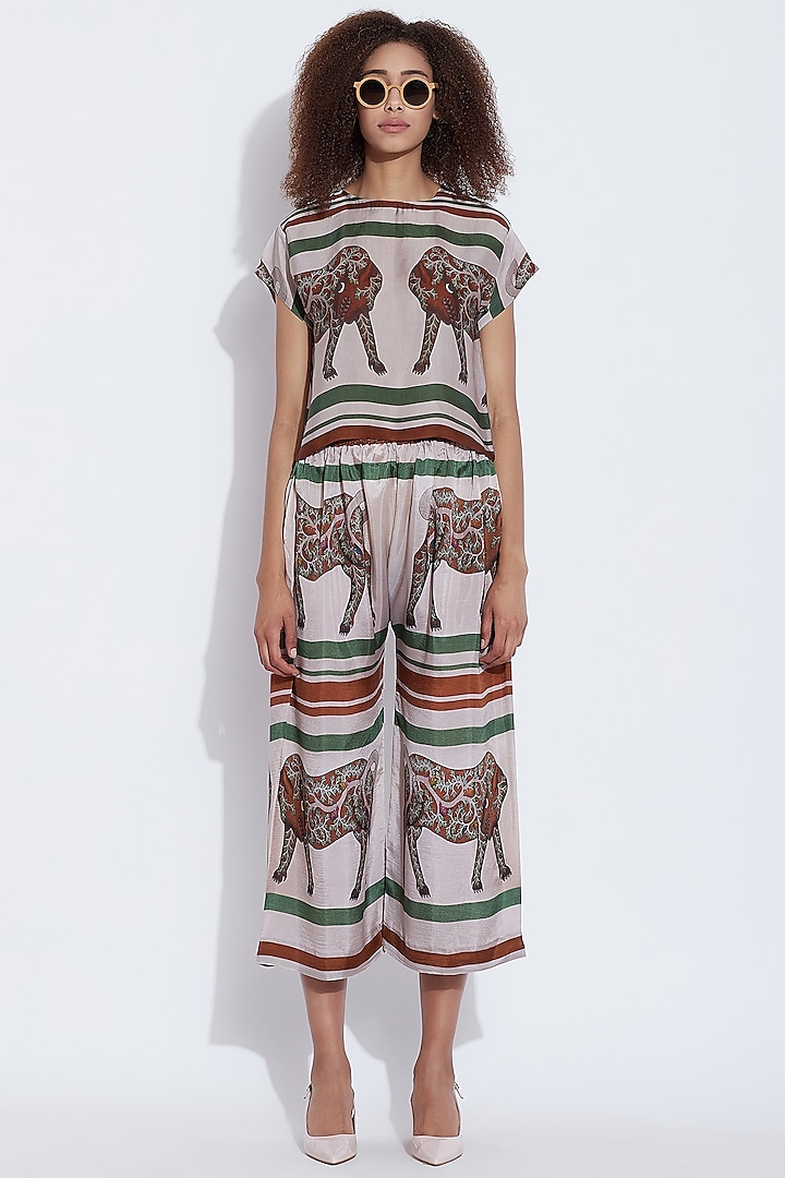 Green & Brown Printed Silk Pants by Aartivijay Gupta