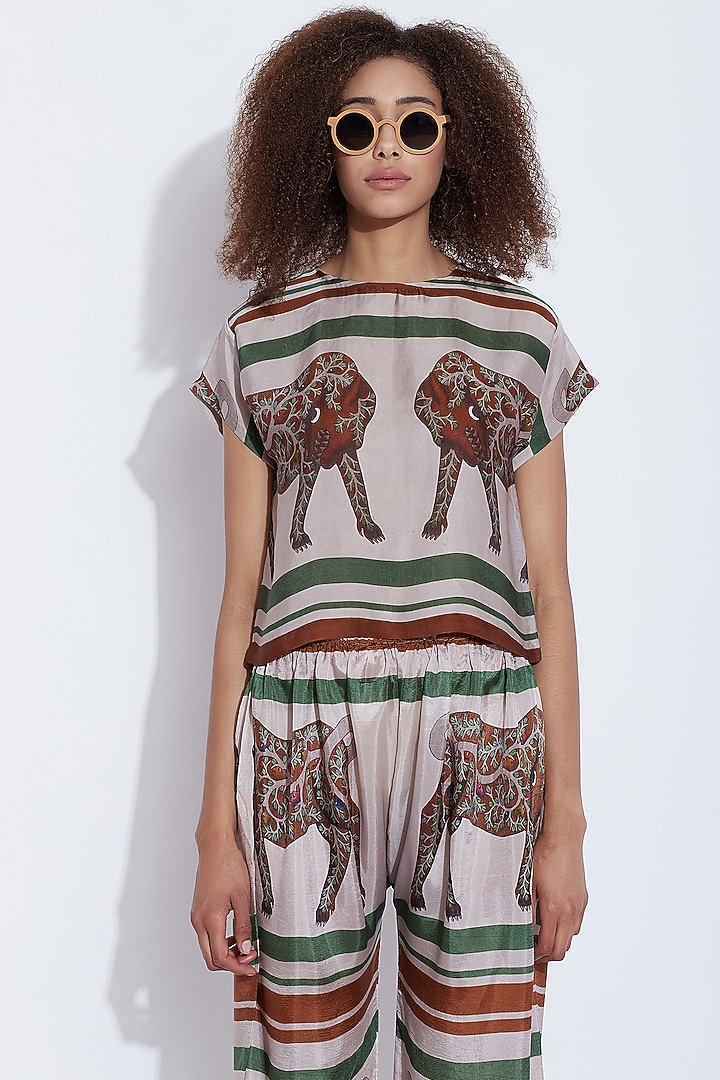 Green & Brown Printed Silk Pants by Aartivijay Gupta at Pernia's Pop Up Shop