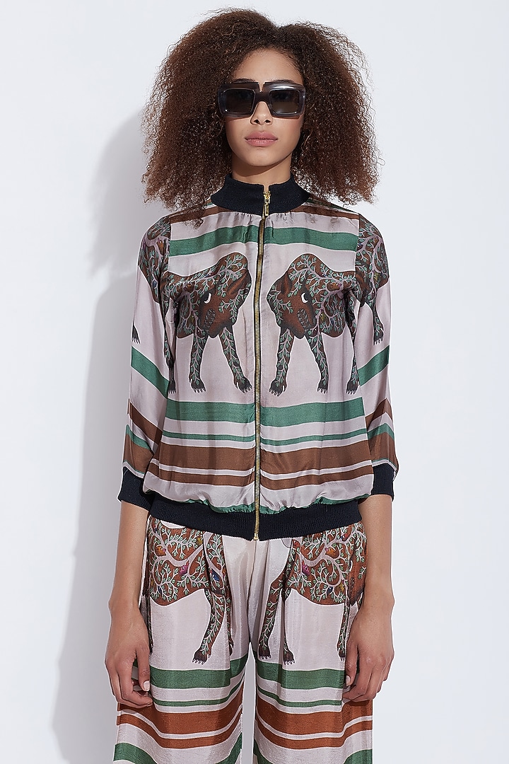 Green & Brown Printed Bomber Jacket by Aartivijay Gupta at Pernia's Pop Up Shop