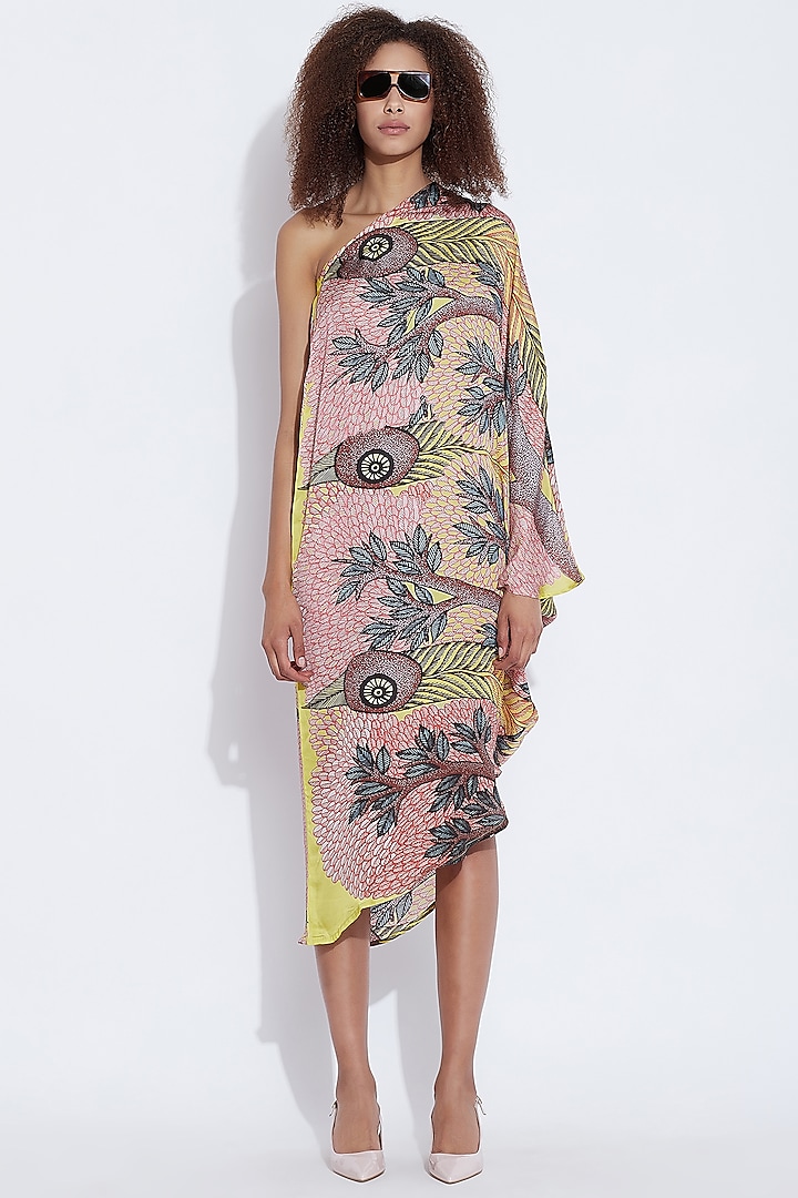 Yellow & Multi Printed One Shoulder Dress by Aartivijay Gupta at Pernia's Pop Up Shop