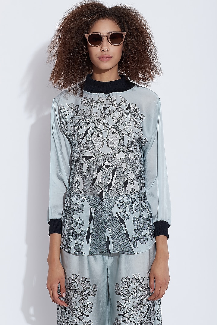 Blue Printed Bomber Jacket by Aartivijay Gupta at Pernia's Pop Up Shop
