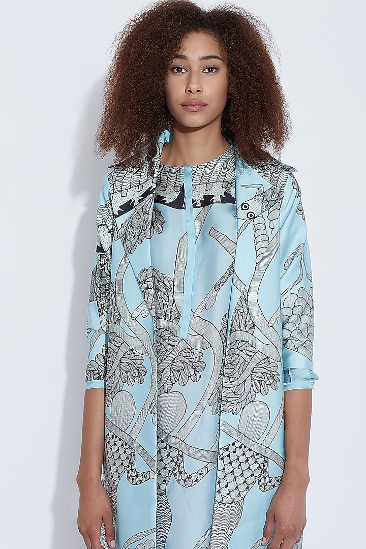 Blue Printed Jacket by Aartivijay Gupta at Pernia's Pop Up Shop