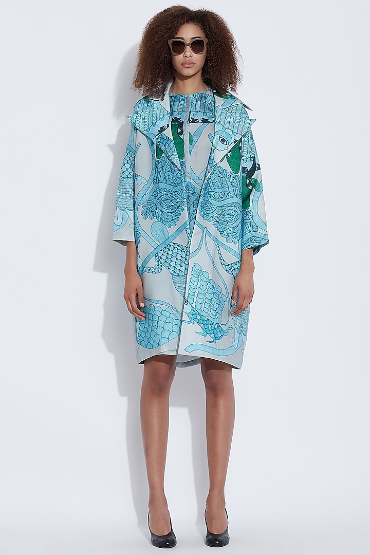 Blue Silk Printed Tunic by Aartivijay Gupta at Pernia's Pop Up Shop