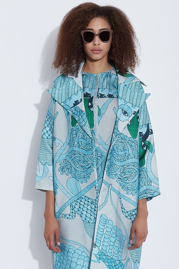 Blue Silk Printed Jacket by Aartivijay Gupta at Pernia's Pop Up Shop