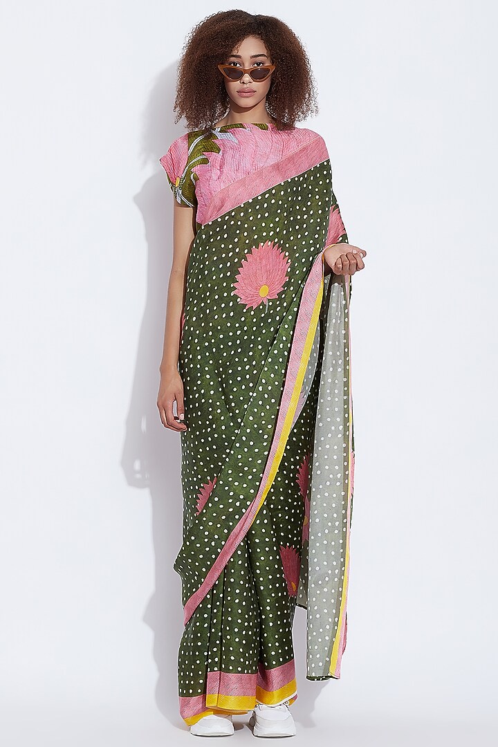Green & Pink Printed Wedding Saree by Aartivijay Gupta at Pernia's Pop Up Shop