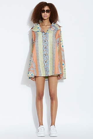 Green & Blue Printed Cape Dress by Aartivijay Gupta