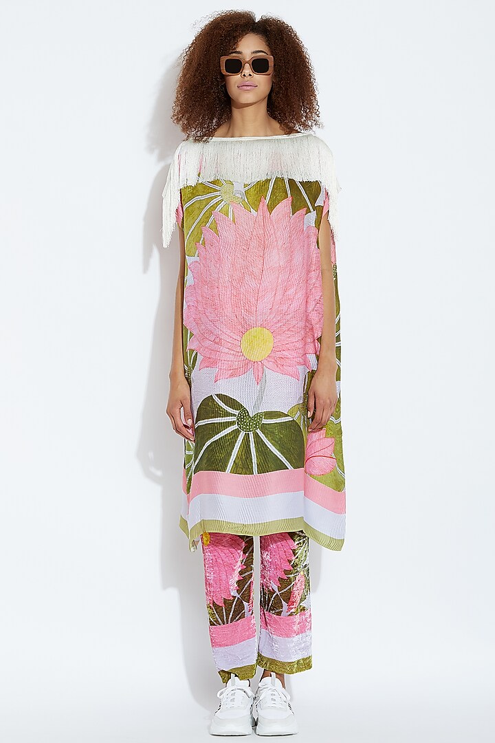 Green & Pink Printed Silk Pants by Aartivijay Gupta