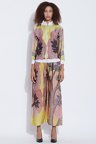 Yellow & Multi Colored Printed Bomber Jacket by Aartivijay Gupta