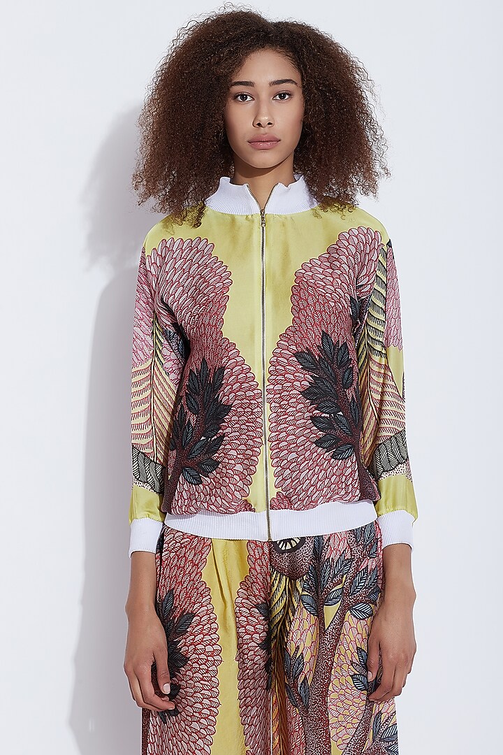 Yellow & Multi Colored Printed Bomber Jacket by Aartivijay Gupta at Pernia's Pop Up Shop