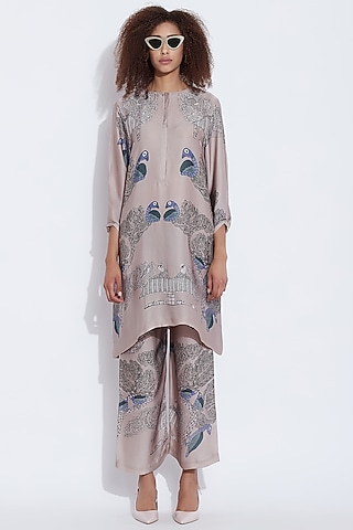 Grey Peacock Printed Pants by Aartivijay Gupta