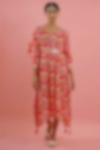 Pink & Red Muslin Printed & Embroidered Kaftan by AVAHA at Pernia's Pop Up Shop