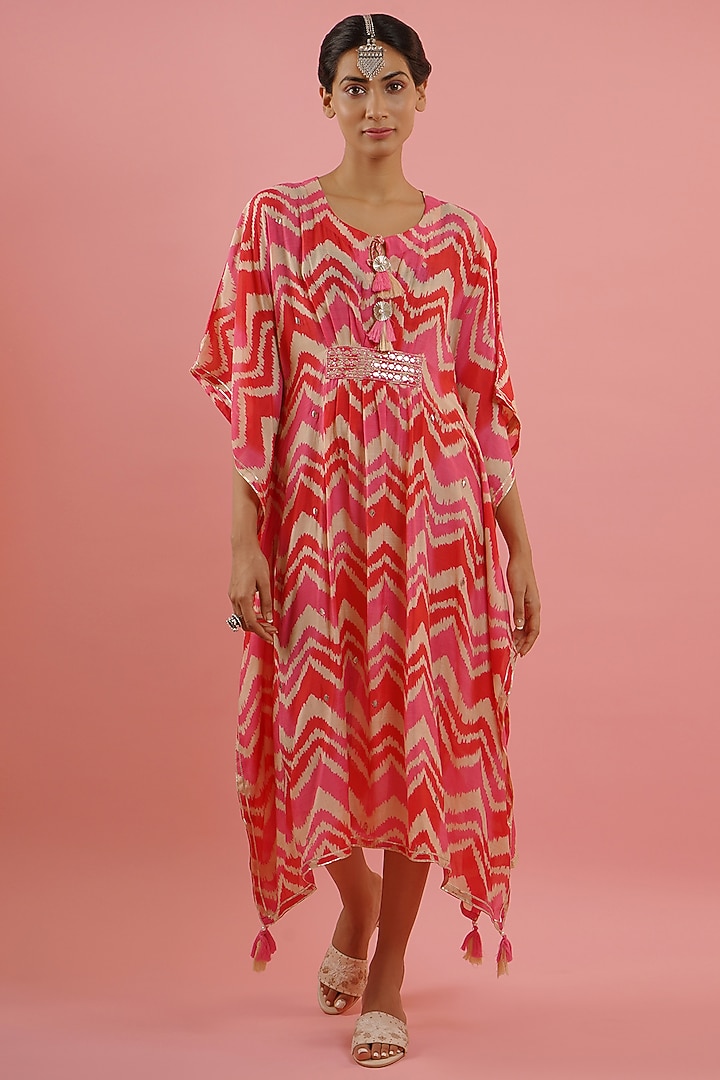 Pink & Red Muslin Printed & Embroidered Kaftan by AVAHA at Pernia's Pop Up Shop