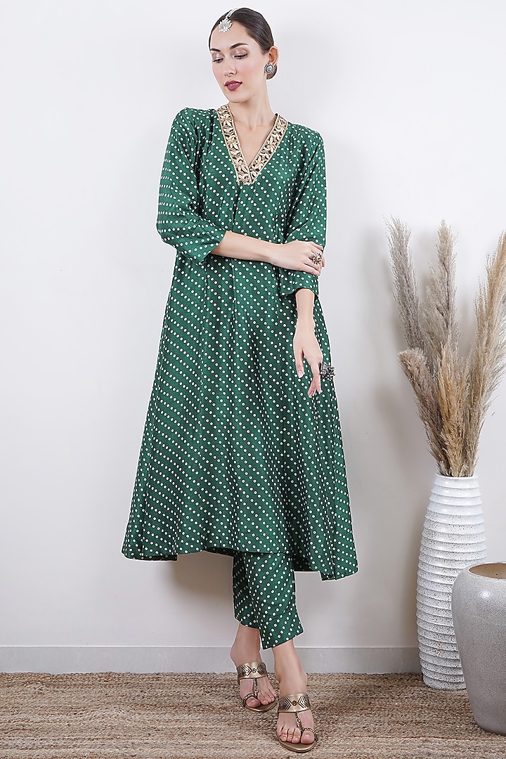 Forest Green Satin Silk Printed Kurta Set by AVAHA at Pernia's Pop Up Shop