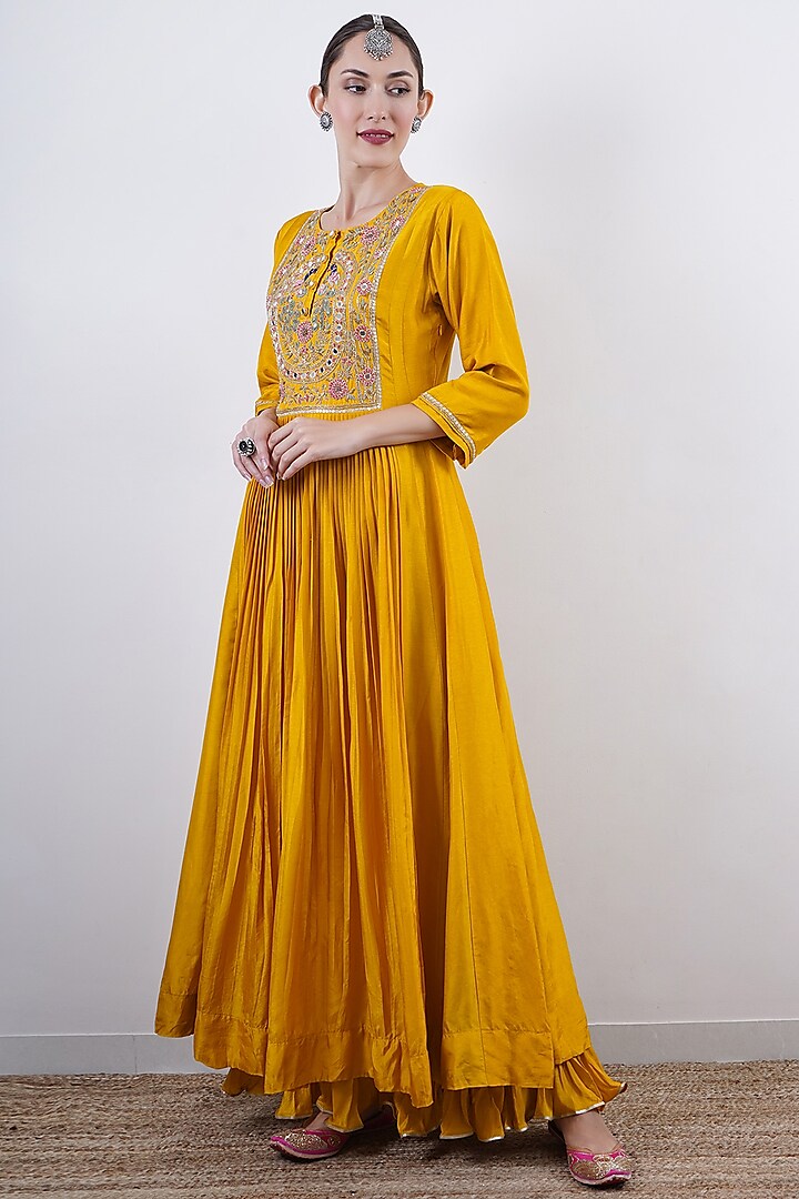 Yellow Uppada Silk Embroidered Anarkali by AVAHA