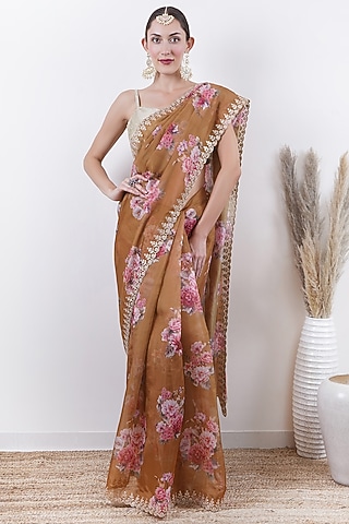 Olive Organza Floral Printed Saree Set by AVAHA