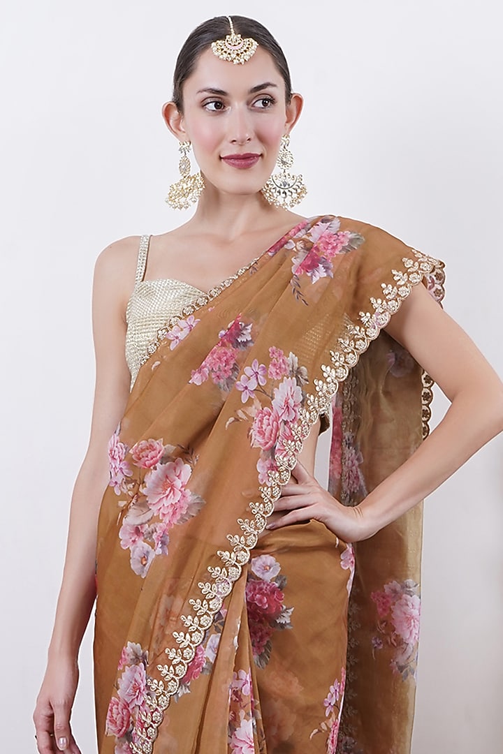 Olive Organza Floral Printed Festive Saree Set by AVAHA at Pernia's Pop Up Shop