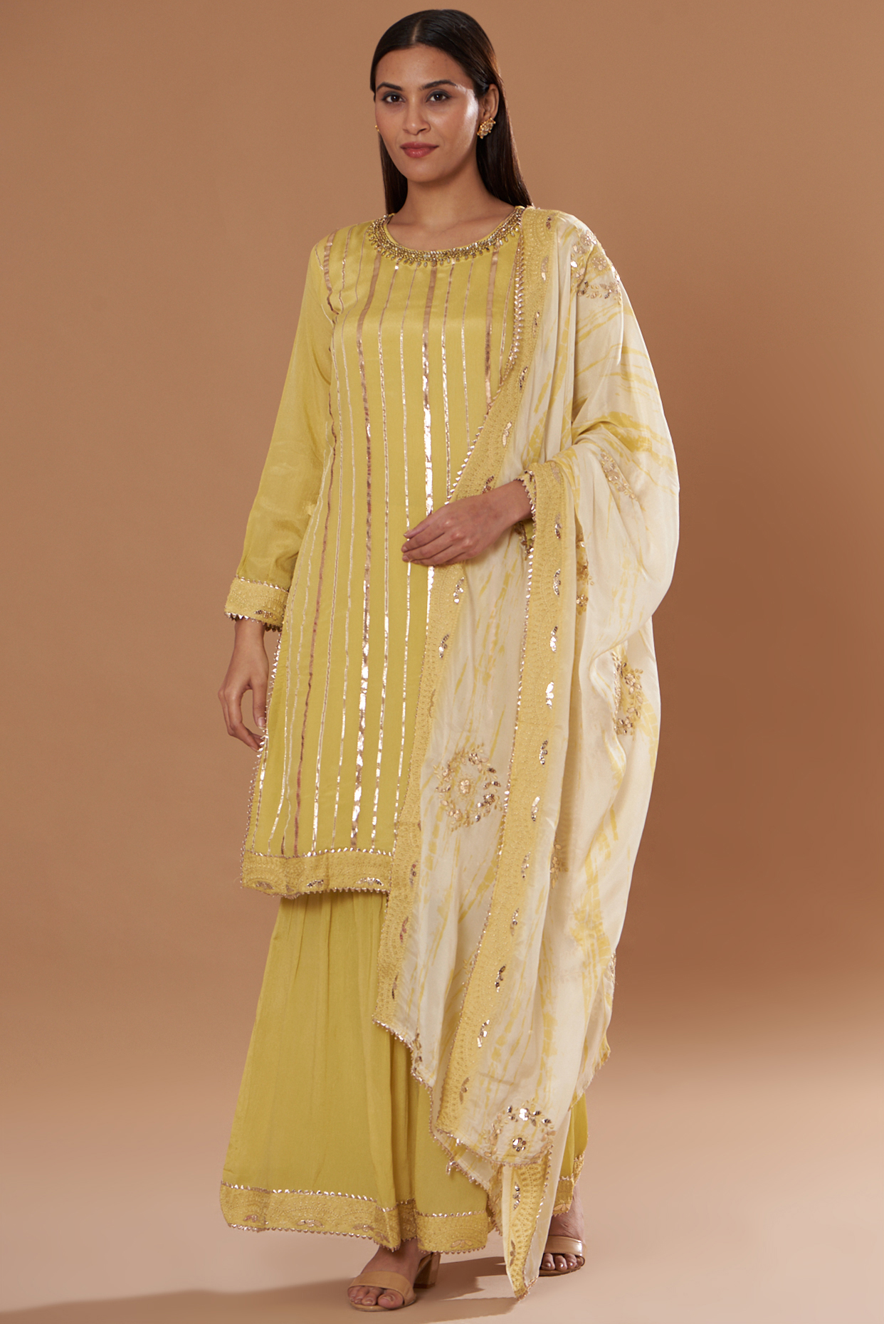 Yellow Crepe Chinon Sharara Set by AVAHA