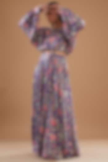 Purple Muslin Silk Floral Printed Skirt Set by AVAHA