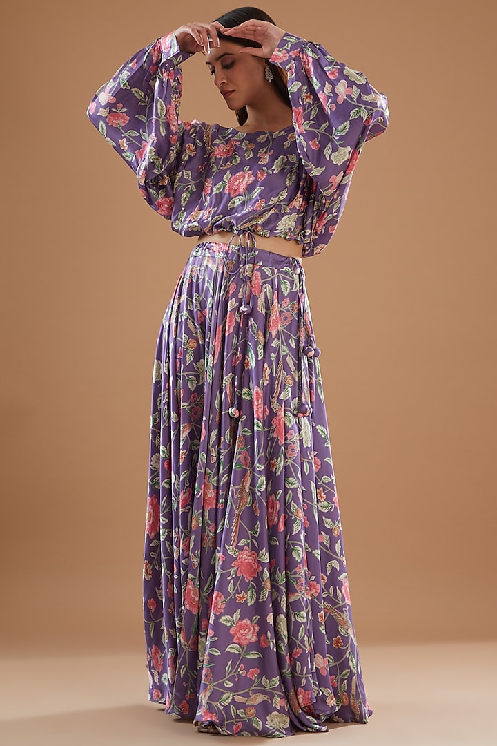 Purple Muslin Silk Floral Printed Skirt Set by AVAHA