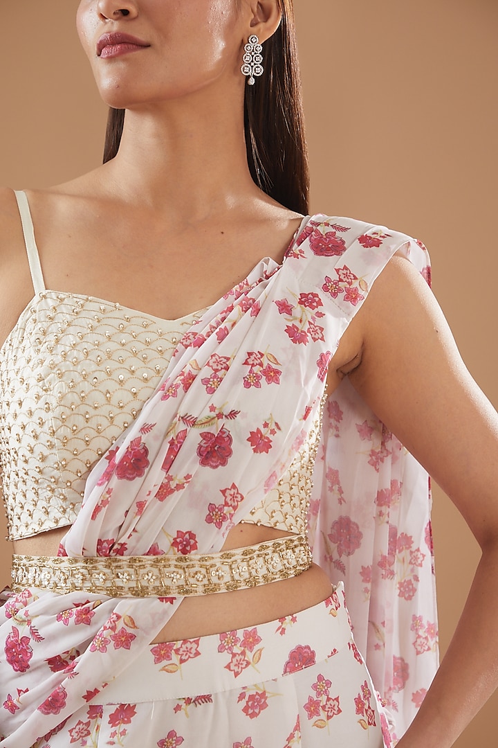 Off White Georgette Printed Pre-Stitched Party Wear Saree Set by AVAHA at Pernia's Pop Up Shop