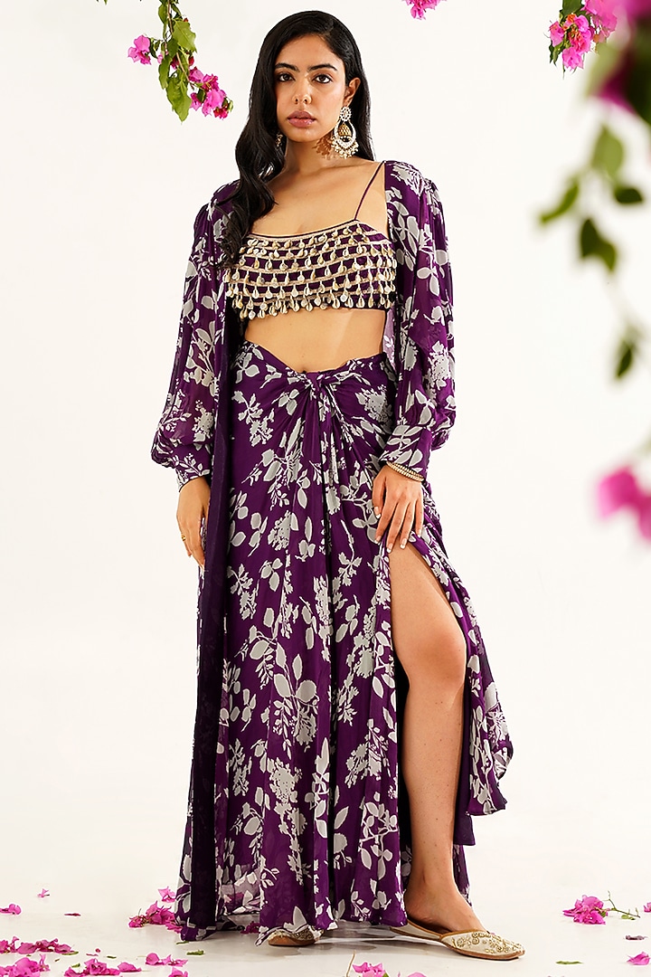 Purple Chinnon Chiffon Floral Printed Jacket Set by AVAHA at Pernia's Pop Up Shop