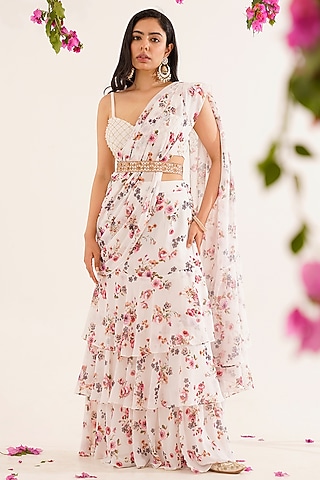 White Georgette Floral Printed Pre-Draped Saree Set by AVAHA