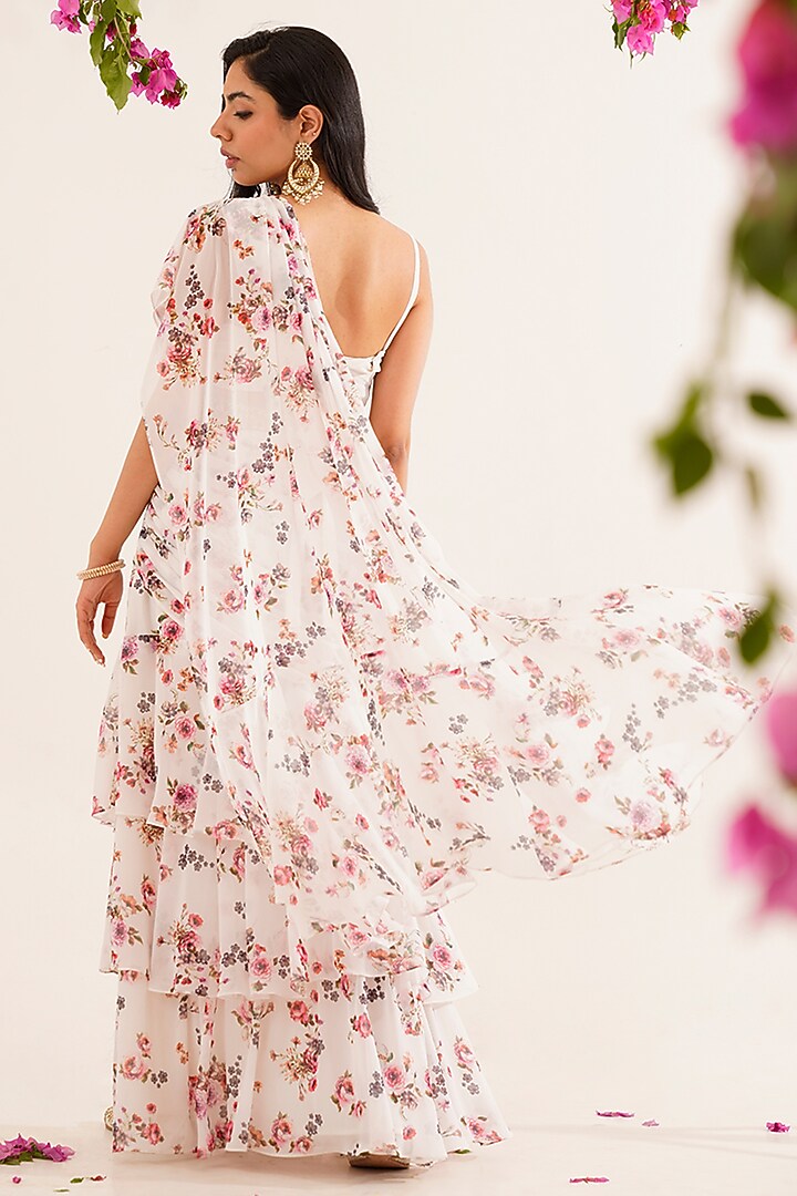 White Georgette Floral Printed Pre-Draped Festive Saree Set by AVAHA at Pernia's Pop Up Shop