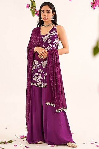 Purple Georgette Sharara Set by AVAHA