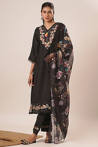 Black Pure Viscose Silk Thread Work A-Line Kurta Set by AVAHA