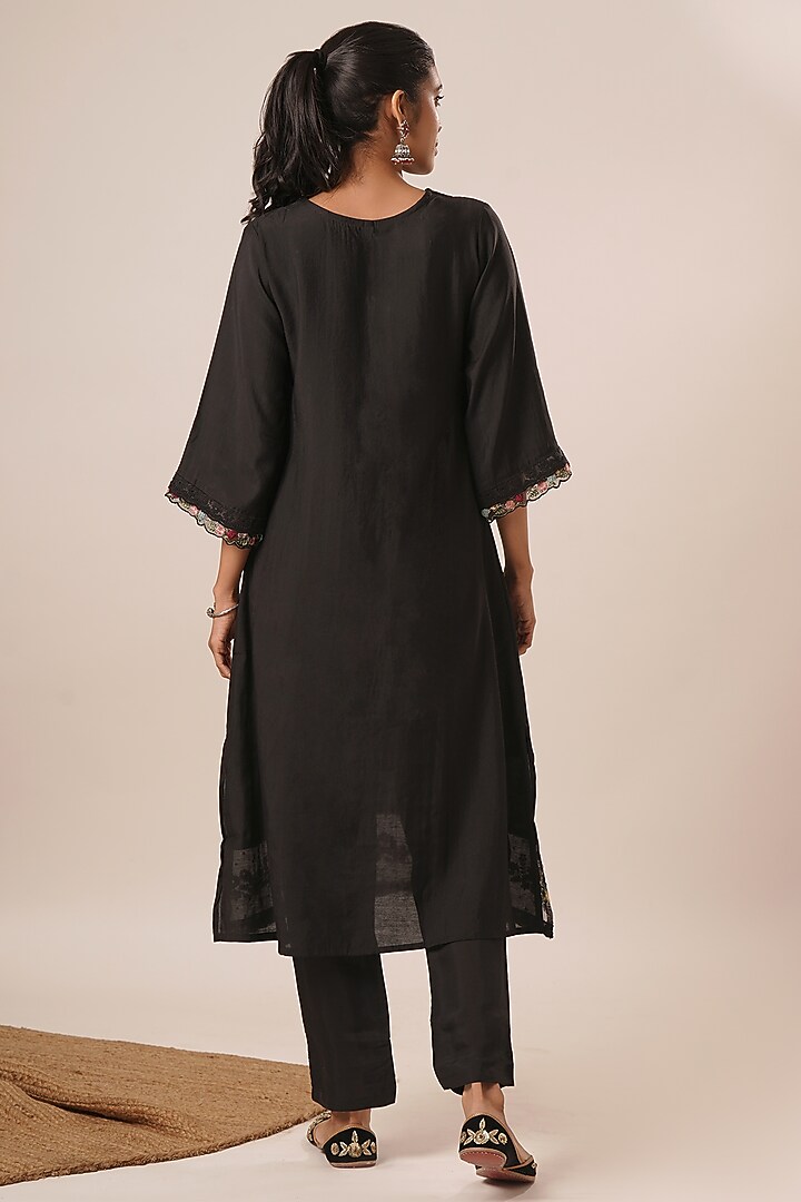 Black Pure Viscose Silk Thread Work A-Line Kurta Set by AVAHA at Pernia's Pop Up Shop