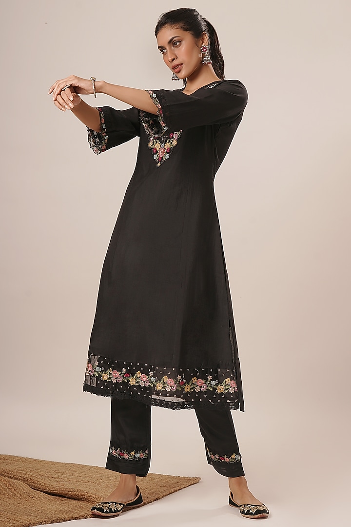 Black Pure Viscose Silk Thread Work A-Line Kurta Set by AVAHA at Pernia's Pop Up Shop