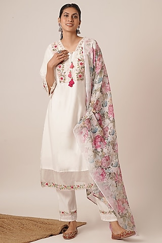 White Pure Viscose Silk Thread Work A-Line Kurta Set by AVAHA