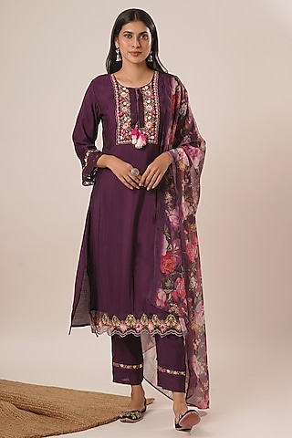 Purple Pure Viscose Silk Thread Work A-Line Kurta Set by AVAHA