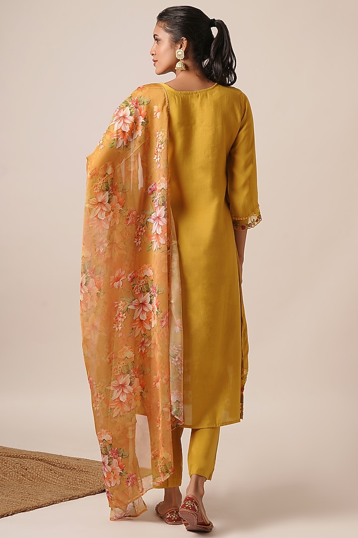 Yellow Pure Viscose Silk Thread Work A-Line Kurta Set by AVAHA at Pernia's Pop Up Shop