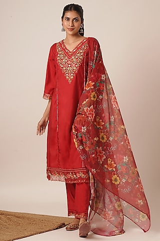 Red Pure Viscose Silk Thread Work A-Line Kurta Set by AVAHA