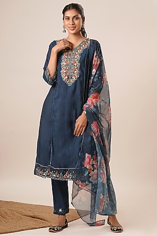 Blue Pure Viscose Silk Thread Work A-Line Kurta Set by AVAHA